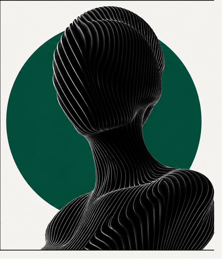 Black abstract sculpture set against a green circle
