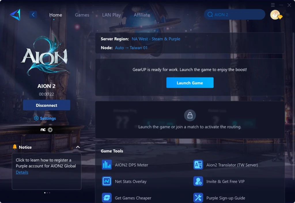 GearUP AION 2 server Ping test and route selection interface